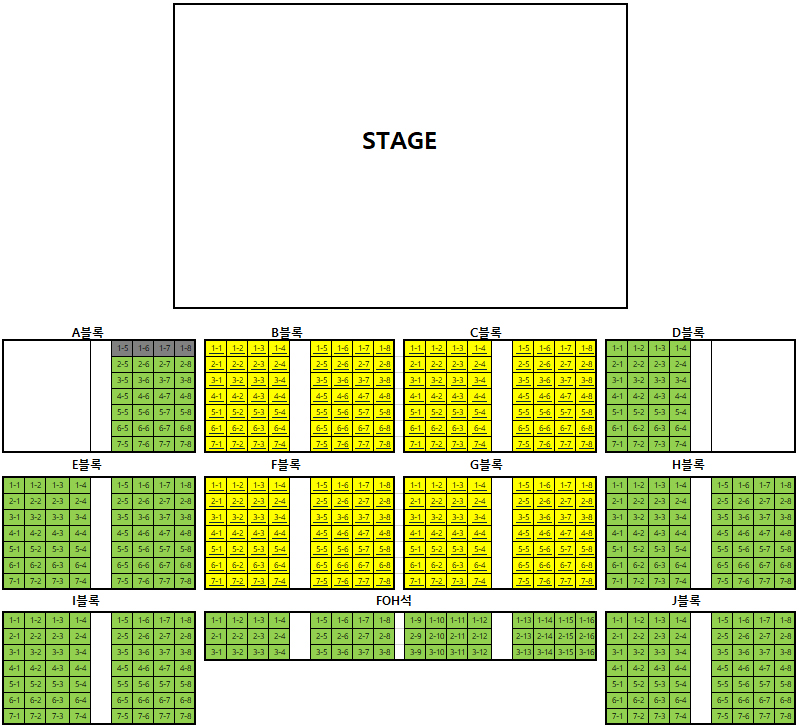 거리두기 객석제 좌석표, 자세한 사항은 본문 참조.